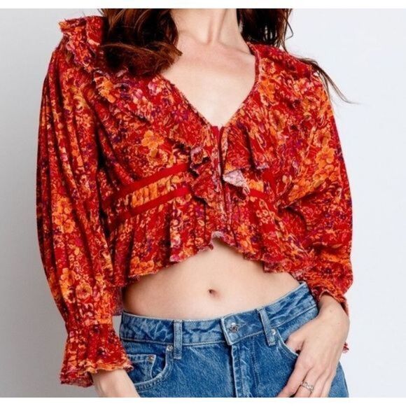 Free People OB1595772 Women's Sz M Cherry Combo Floral Rudi Ruffle Top - Picture 8 of 9